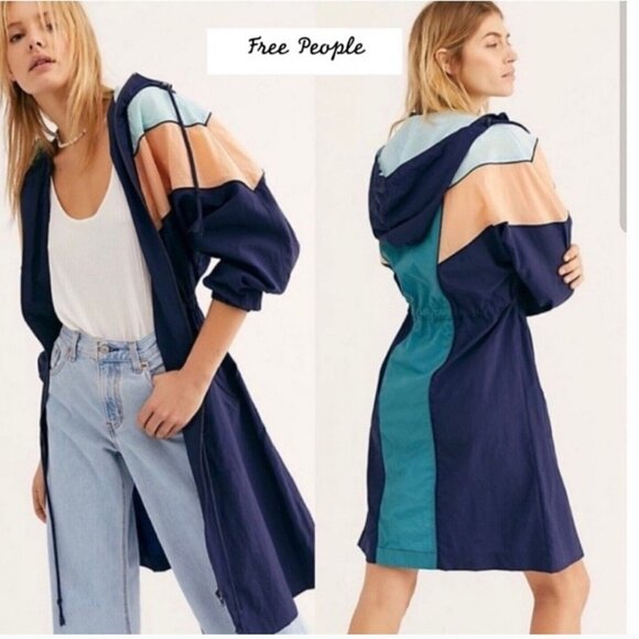 Free People Surfrider Windbreaker Women XS Blue Color Block Combo Jacket Long - Picture 2 of 8